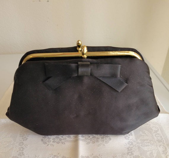 Vintage Black Taffeta Clutch Handbag with Bow c.1… - image 1