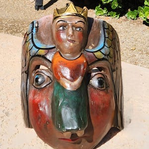 Vintage Mexican Guerrero Folk Art Angel Face Carved Wood Dance Mask