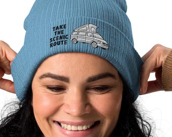 Take the Scenic Route Organic ribbed beanie Touque Vanlife Van Life People Pop Top Camper Vehicle Car Truck Camping