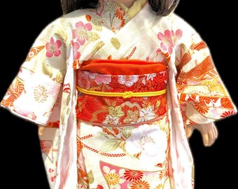 An exquisite kimono for an 18-inch doll, made from Japanese-style printed cotton fabric