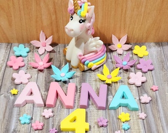Edible Fondant Unicorn/Allicorn Cake Topper with Name, Age, 24 flowers and Gold Horn/Hooves, Pastel colors!
