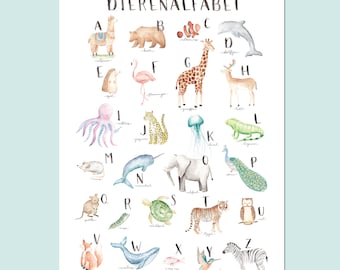 NEDERLANDSE versie Dierenalfabet poster | Aquarel alfabet | Dierenposter handgemaakt | Aquarel dieren | Origineel kraamcadeau