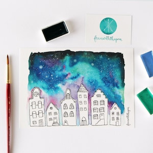 A5 Print Mini Poster | Huis Illustratie | Amsterdam Illustratie Waterverf Aquarel kaart | Grachtendpand