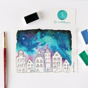 A5 Print Mini Poster | Galaxy Art Dutch Houses | Amsterdam Illustration Watercolor Card | Home Decor Wall Art Drawing | Netherlands Souvenir