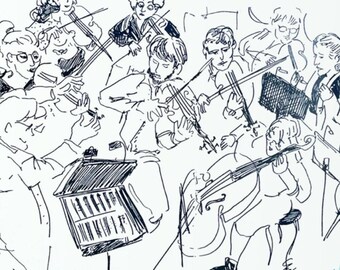 Zeer kleine oplage zeefdruk Musici Orkest van de Praagse Opera Narodni Met dirigentconcert in voorbereiding
