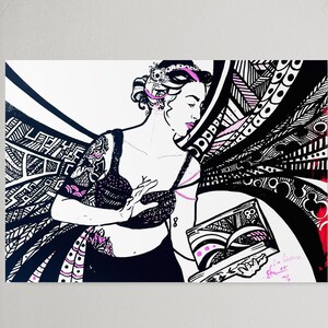 May include: Black and white illustration of a woman with a floral headpiece and a patterned bra. The artwork features intricate black and white patterns, with accents of pink. The woman is holding a book with pink accents.