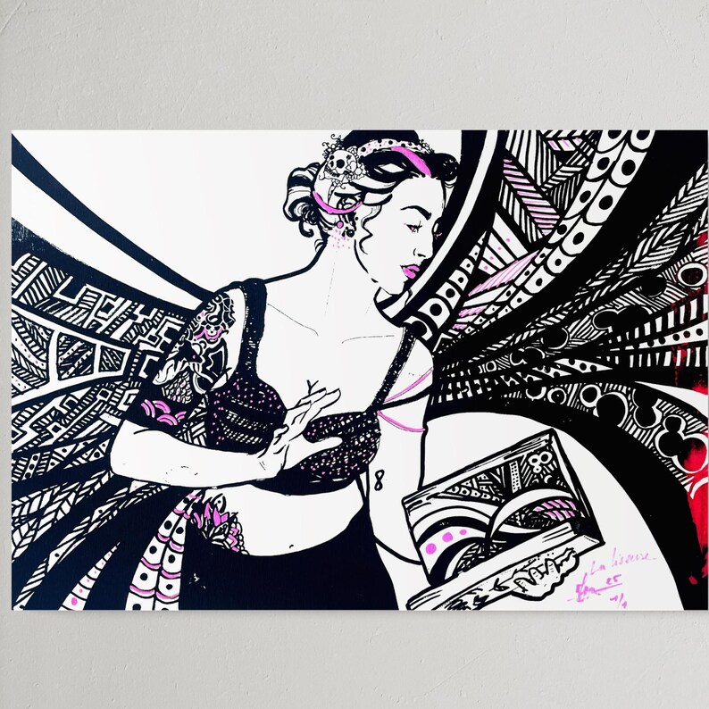 May include: Black and white illustration of a woman with a floral headpiece and a patterned bra. The artwork features intricate black and white patterns, with accents of pink. The woman is holding a book with pink accents.