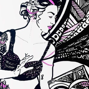 May include: Black and white illustration of a woman with pink accents. The woman is wearing a black bra with pink polka dots and has a tattoo on her arm. The image has a vintage, artistic style.