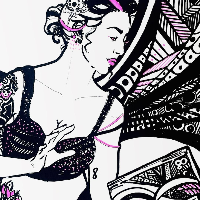 May include: Black and white illustration of a woman with pink accents. The woman is wearing a black bra with pink polka dots and has a tattoo on her arm. The image has a vintage, artistic style.
