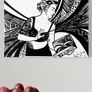 May include: Black and white artwork depicting a woman in a bra and skirt, holding a book. The artwork features intricate patterns and designs, with a crown on the woman's head. The image is signed and numbered.