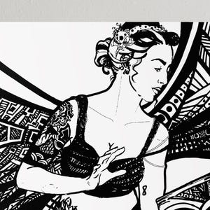 May include: Black and white illustration of a woman with elaborate hair and a skull headpiece. She wears a detailed top and has a tattoo on her arm. The artwork has a vintage, graphic style.