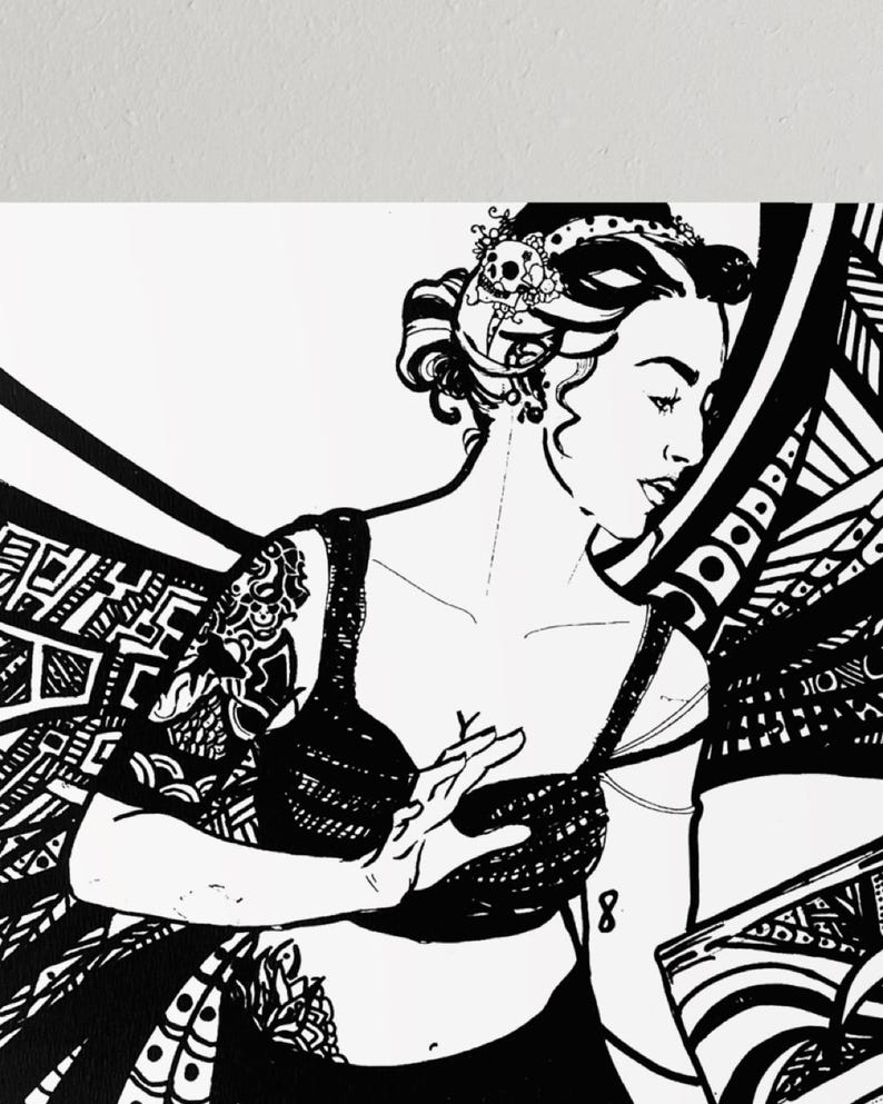 May include: Black and white illustration of a woman with elaborate hair and a skull headpiece. She wears a detailed top and has a tattoo on her arm. The artwork has a vintage, graphic style.