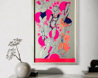 La Danse des Folles - A4 mini-print screen printing inspired by contemporary dance and feminism. Pink, orange and yellow tones.