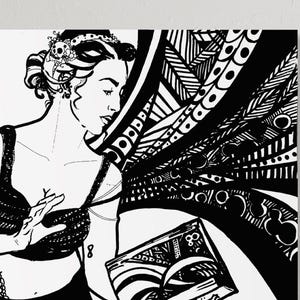 May include: Black and white illustration of a woman holding a book with the number 80 on the cover. The woman is wearing a decorative headpiece and a strapless top. The artwork has a vintage, art deco style.