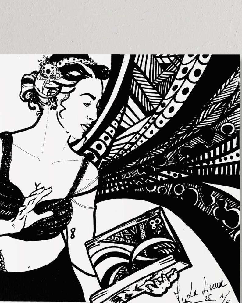 May include: Black and white illustration of a woman holding a book with the number 80 on the cover. The woman is wearing a decorative headpiece and a strapless top. The artwork has a vintage, art deco style.