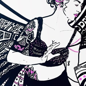 May include: Black and white illustration of a woman in a decorative outfit. The woman has a tattoo on her arm and is wearing a dotted top with pink accents. The image has a graphic design style with bold lines and patterns.