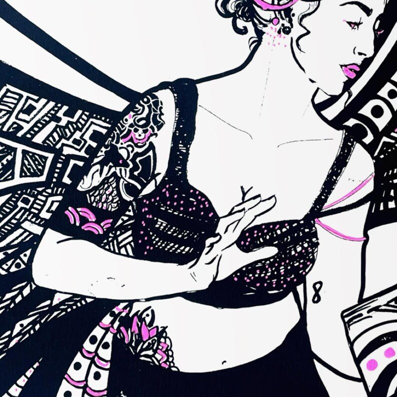 May include: Black and white illustration of a woman in a decorative outfit. The woman has a tattoo on her arm and is wearing a dotted top with pink accents. The image has a graphic design style with bold lines and patterns.