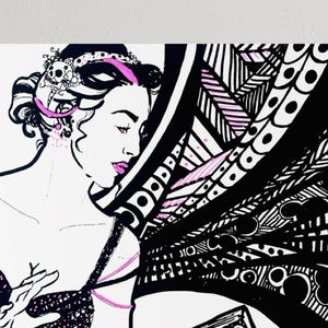 May include: Black and white illustration of a woman with pink accents. The woman is wearing a decorative headpiece with a skull and pink accents. The artwork has a detailed, graphic style with bold lines and patterns.