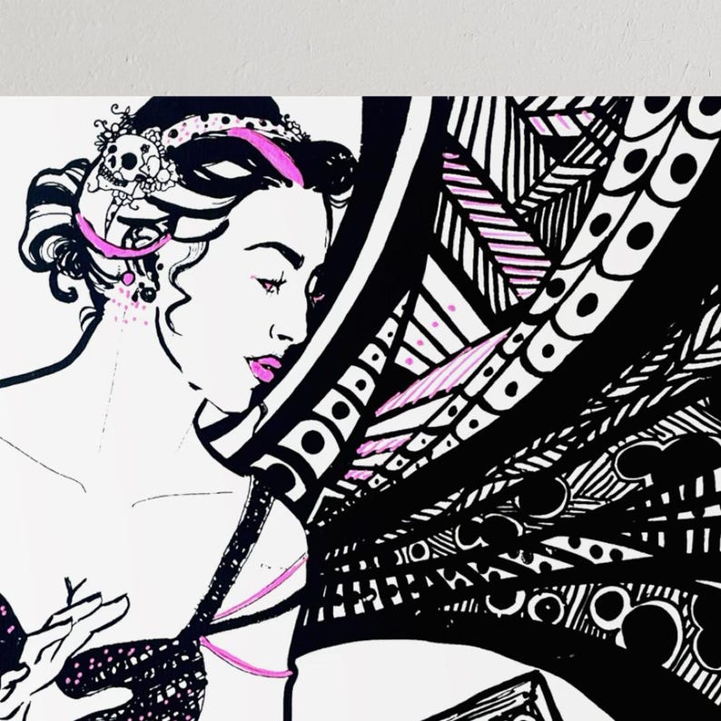 May include: Black and white illustration of a woman with pink accents. The woman is wearing a decorative headpiece with a skull and pink accents. The artwork has a detailed, graphic style with bold lines and patterns.