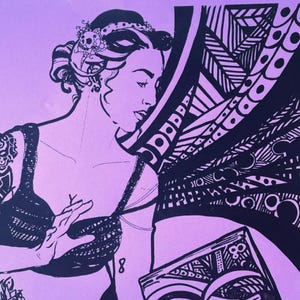 May include: A black and white illustration of a woman with tattoos, a skull headpiece, and a patterned design. The woman is holding a book with a geometric design. The background is a solid lavender color.