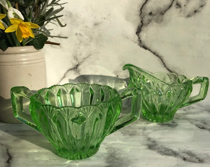 1930s Green Glass Sugar Bowl and Milk Jug Art Deco Style Etsy