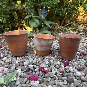 May include: Three terracotta flower pots with a weathered, earthy finish. The pots are cylindrical with a tapered base and a wide, open top. The surfaces show natural variations in colour, ranging from deep reddish-brown to lighter, dusty tones.