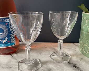 Beautiful pair of  vintage crystal wine glasses with u usual stem and hexagonal bases - lead crystal glassware