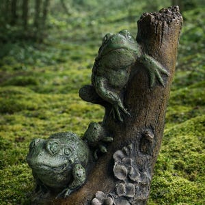 May include: A detailed, green frog sculpture with three frogs perched on a weathered tree trunk. The sculpture has a textured finish and is set against a blurred forest background, evoking a natural, woodland theme.