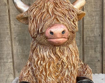 Highland Cow 12" Concrete Statue Painted Shipping Included!