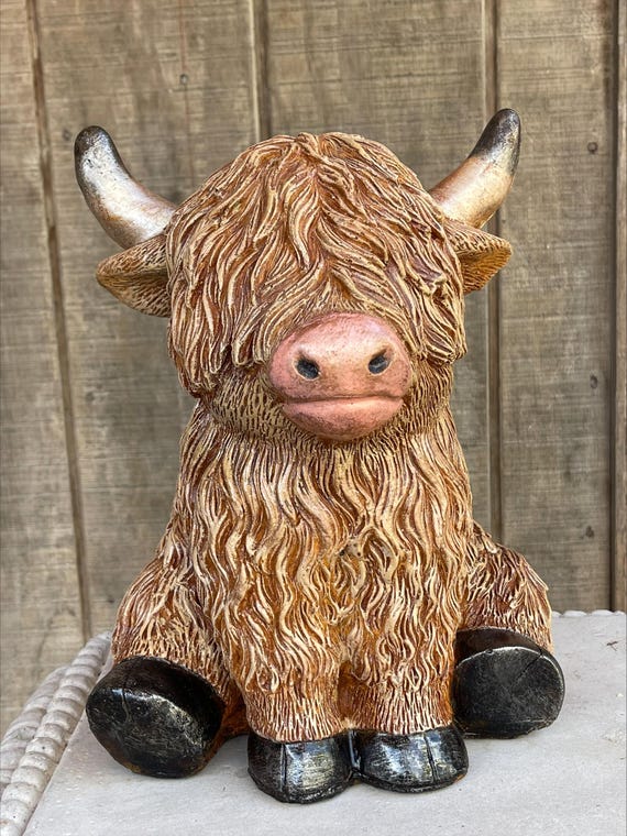Highland Cow 12" Concrete Statue Painted Shipping Included!