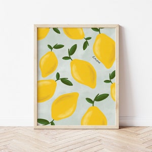 Limone Muster, Küche Lemon Poster, pastellfarbener Druck, Eingangshalle Druck, Wandkunst, Früchte Poster, mediterrane Farbkunst