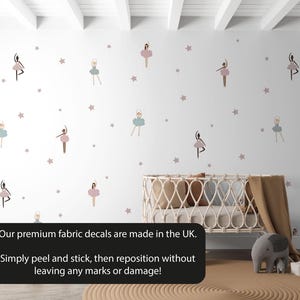 May include: Wall decals featuring ballet dancers in pink, blue, and brown, along with star shapes, are displayed on a white wall. The decals are peel and stick, repositionable, and made in the UK.