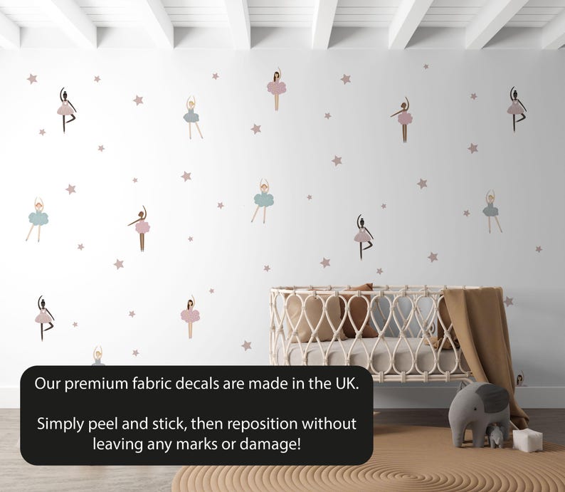 May include: Wall decals featuring ballet dancers in pink, blue, and brown, along with star shapes, are displayed on a white wall. The decals are peel and stick, repositionable, and made in the UK.