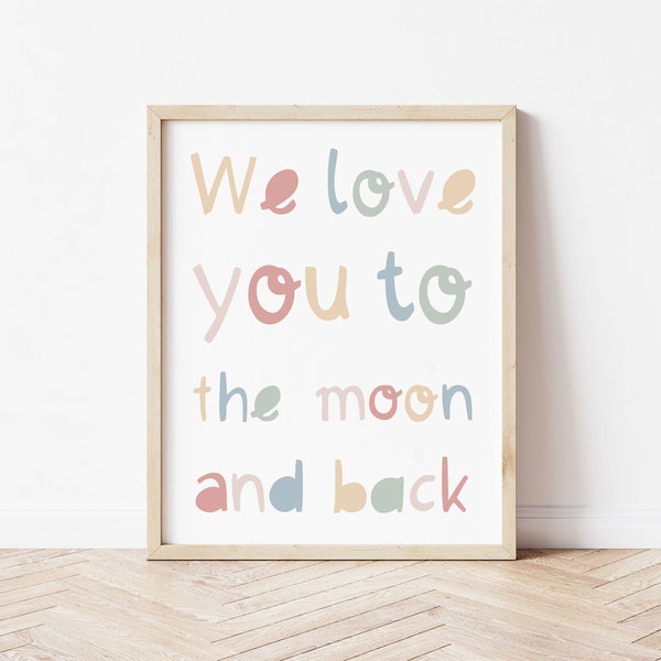 Stampa We Love You to the Moon and Back, poster per la cameretta dei bambini, stampa per la camera da letto dei bambini, arte della sala giochi, poster per la camera dei bambini, arte della parete, regalo per la nuova nascita