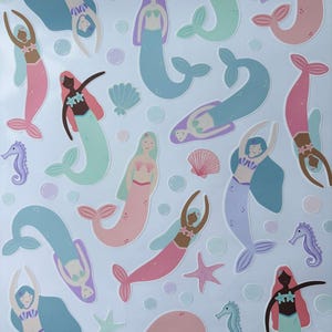 May include: A pattern of mermaids in various poses and colors, including pink, blue, and green, with starfish, seashells, and seahorses on a light blue background. The mermaids have different skin tones and hair colors.