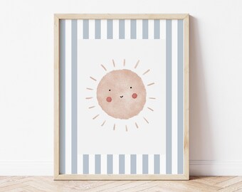 Blue Candy Stripe Sunshine Print: Boho Nursery Wall Art