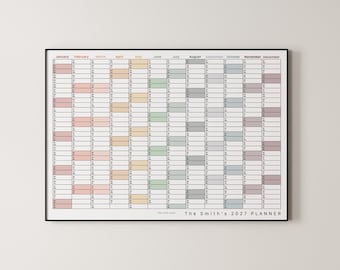 May include: A wall planner for the year 2027 titled The Smith's 2027 PLANNER. The grid displays all twelve months in columns with alternating pastel color blocks for days. The layout features a clean white background with black text and lines.
