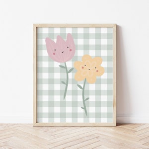 Happy Flowers Print - Grüner Vichy-Karo, Poster für's Kinderzimmer, Poster für's Kinderzimmer, neues Babygeschenk, Poster fürs Kinderzimmer, Pastellposter für's Kinderzimmer