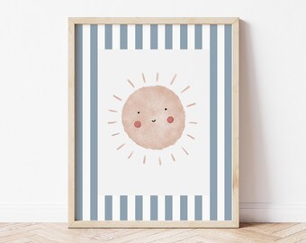 Blue Stripe Sunshine Nursery Print: Boho Kids Wall Art