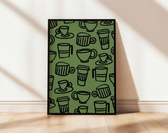 Groene print koffiekopjes: moderne keukenmuurkunst