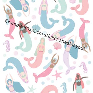 May include: A sticker sheet layout featuring a pattern of mermaids, seahorses, seashells, and starfish in pastel colors. The mermaids have various skin tones, hair colors, and tail colors. The text "Example 50x35cm sticker sheet layout" is visible.