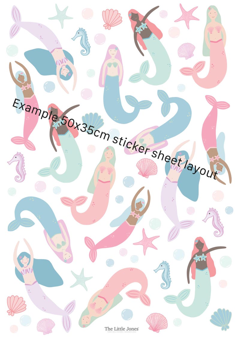 May include: A sticker sheet layout featuring a pattern of mermaids, seahorses, seashells, and starfish in pastel colors. The mermaids have various skin tones, hair colors, and tail colors. The text "Example 50x35cm sticker sheet layout" is visible.