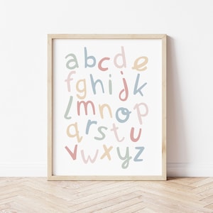Impresión del alfabeto en minúsculas, póster para guardería, impresión de letras, impresión para dormitorio infantil, regalo para bebé recién nacido, póster para niños, póster para sala de juegos, educación en el hogar
