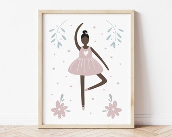 Ballerina Art Print: Dark Skin Ballerina, Nursery Decor