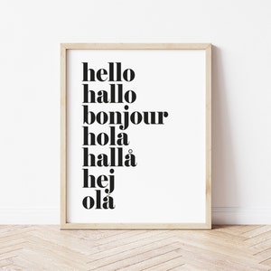 Hallo Druck, Typografie Plakat, Sprachen Druck, Hallo hallo Plakat, Küchendruck, Einweihungsparty Geschenk, typographisch, lustig