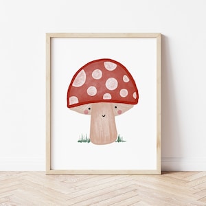 Stampa Happy Toadstool, poster per la cameretta dei bambini, stampa con tema foresta per la cameretta dei bambini, stampa con colori boho, stampa per la cameretta dei bambini, regalo per la sala giochi, poster per la cameretta dei bambini