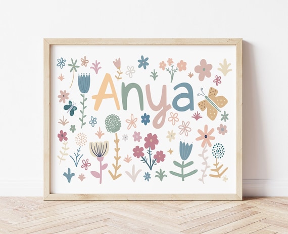 Spring Flowers Personalised Name print, custom name poster, nursery decor poster, newborn gift, new baby gift, playroom wall art,illustrated