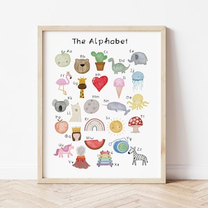 La impresión educativa del alfabeto, cartel de educación en el hogar, cartel de letras del alfabeto ilustrado, dormitorio de los niños, regalo de la sala de juegos, cartel de la habitación de los niños