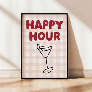 Happy Hour Kunstdruck, Küchen Poster, Cocktail Poster, Einweihungsparty Geschenk, pinke und rote Küchen Wandkunst, Happy Hour