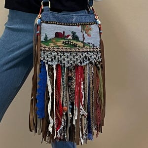 Fringe Boho Cross Body Leather and Lace Farmhouse Needlepoint  100% Upcycled Vintage